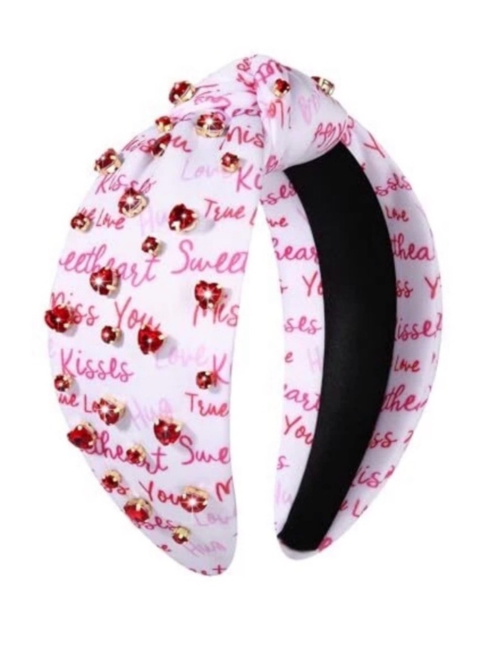 White Knotted Headband with Red Heart Gems